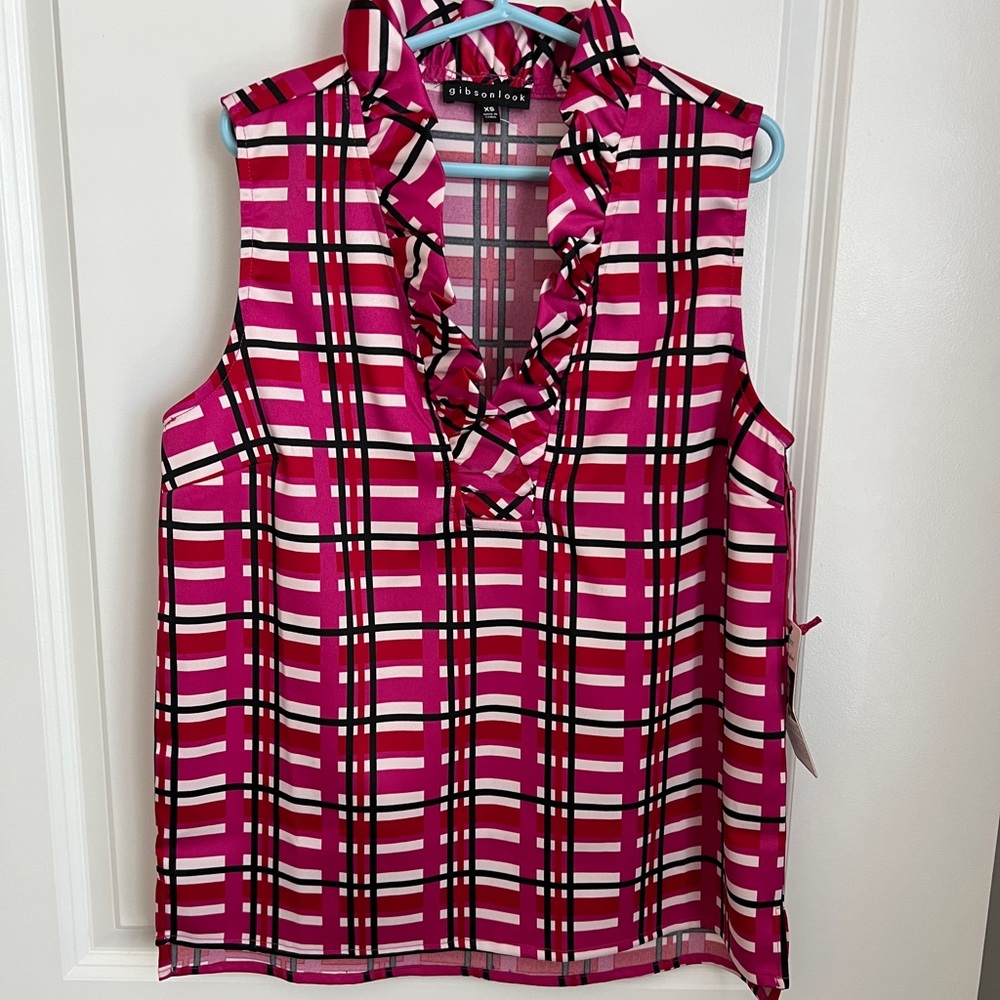 GIBSON LOOK Plaid Ruffle Neck Sleeveless Top